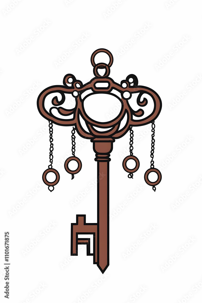 Ornate antique key with decorative pendants. Ornate antique key with decorative pendants.