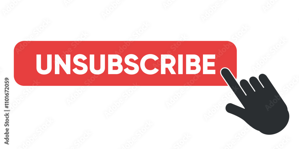 Red unsubscribe button with a black hand cursor icon clicking. Red unsubscribe button with a black hand cursor icon clicking.