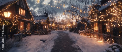 Enchanting Winter Village Scene with Snow-Covered Pathway and Twinkling Lights, Inviting Atmosphere of Holiday Spirit and Cozy Charm