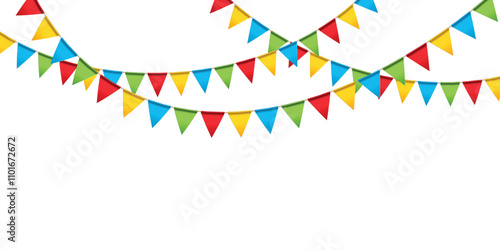 Colorful triangular flags in garland style hanging on a white background.