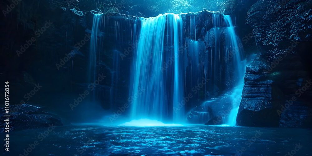 A serene waterfall illuminated in blue light, creating a tranquil and mystical atmosphere. A serene waterfall illuminated in blue light, creating a tranquil and mystical atmosphere.
