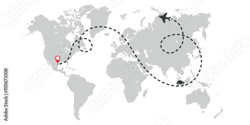 World map with dashed travel routes and location pins in blue and black on a white background.