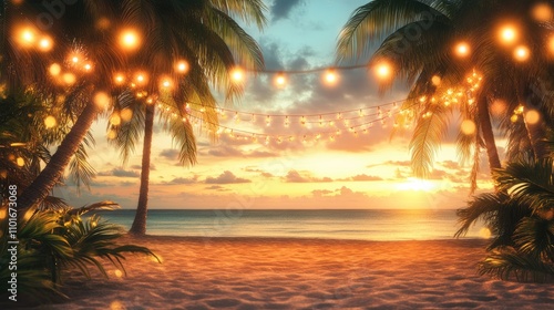Beach party background, tropical decorations, palm trees with lights, festive beach scene