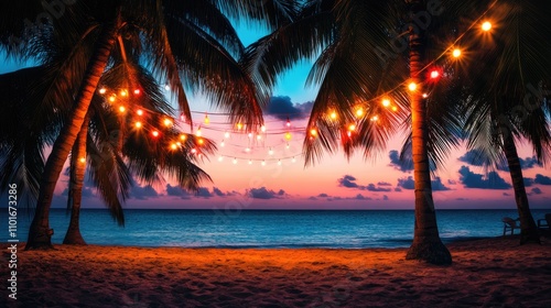 Fototapeta Naklejka Na Ścianę i Meble -  Beach party background, tropical decorations, palm trees with lights, festive beach scene