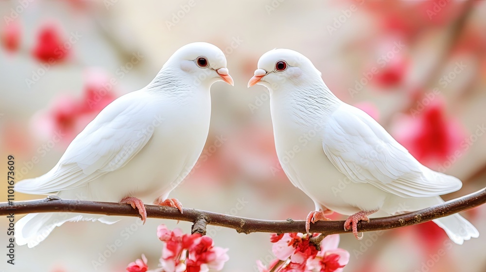 Two White Pigeons on a Branch, a Springtime Scene of Love and Beauty Two White Pigeons on a Branch, a Springtime Scene of Love and Beauty