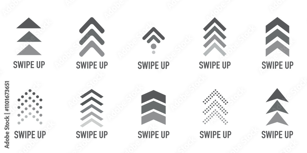 Collection of swipe up icons with gray arrows in various styles on a white background. Collection of swipe up icons with gray arrows in various styles on a white background.