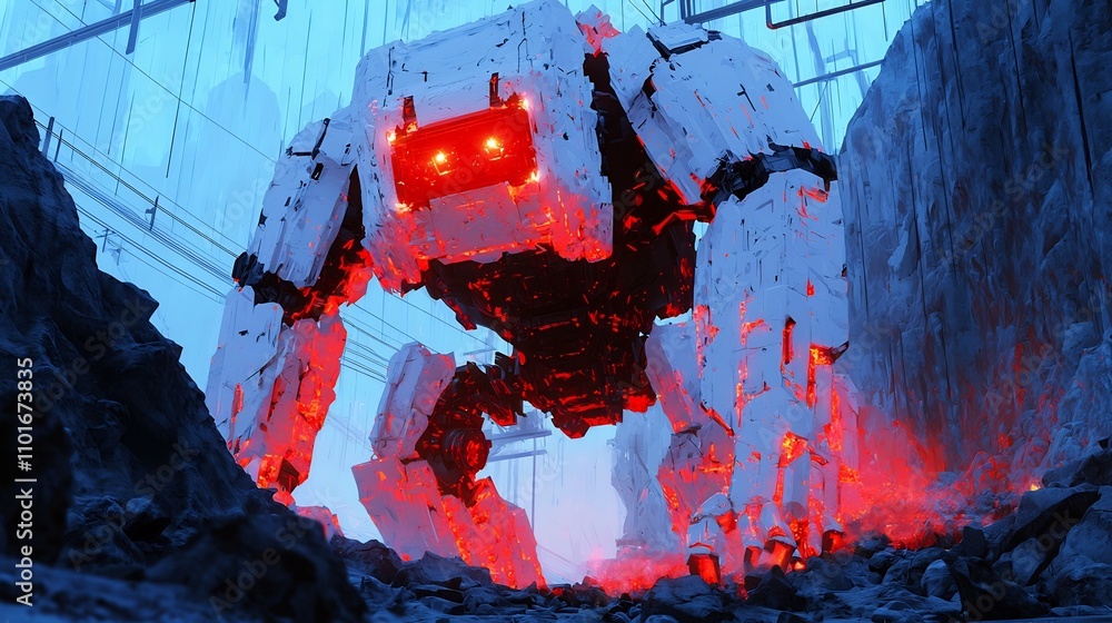 Fototapeta premium Underground Epic Monster, Colossal Crystalline Behemoth Stalking Through Abandoned Mine Caverns