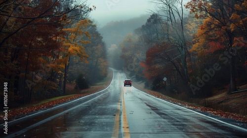 A car travels along a winding road surrounded by vibrant autumn trees and misty weather photo