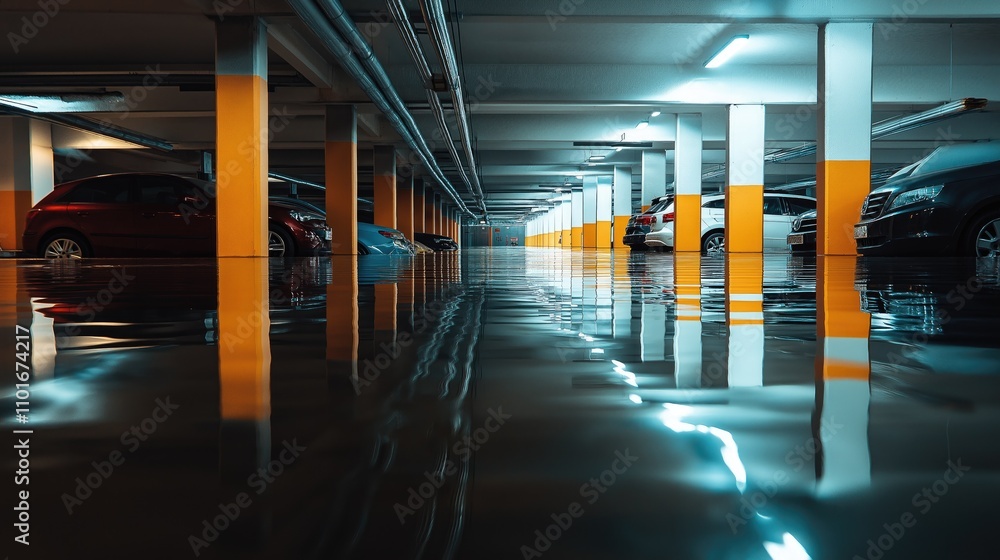 Fototapeta premium Flooded underground parking garage reflecting cars and pillars
