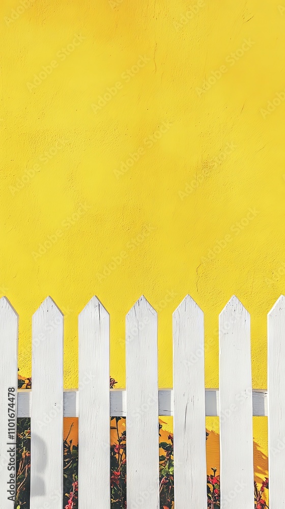 Fototapeta premium Vibrant Yellow Wall with White Fence - A Striking Visual