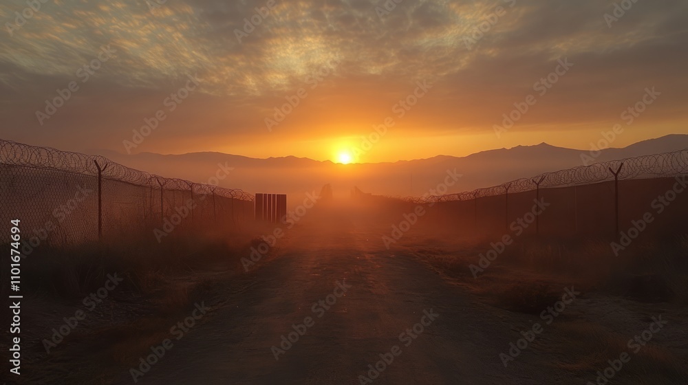 Fototapeta premium A serene sunset over a dusty road, framed by barbed wire and distant mountains.