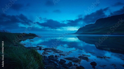 Twilight covers a peaceful Icelandic scene with mountains reflecting on calm waters