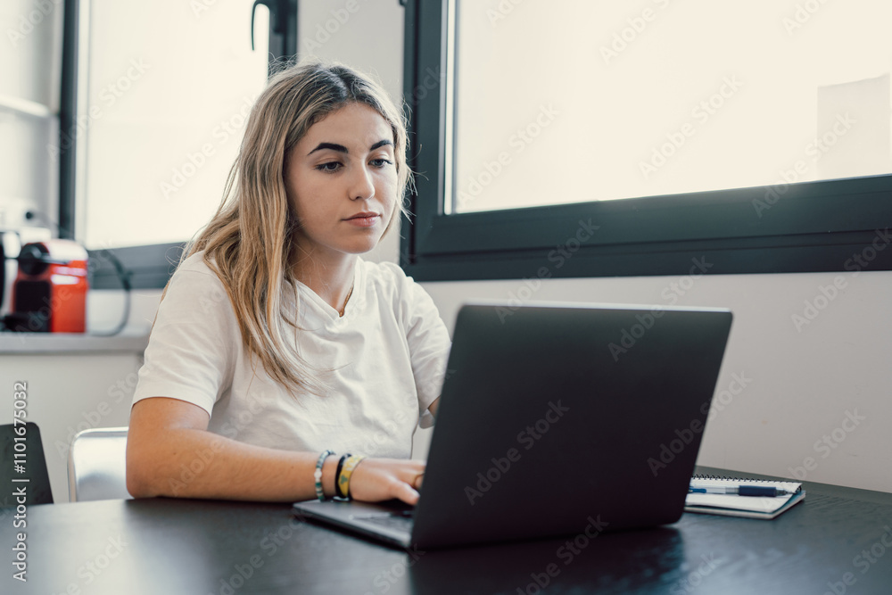 Young student girl sit at table with textbooks and laptop staring aside, studying alone in library, looks pensive and thoughtful search solution, prepare for exam, makes task feels confused or puzzled Young student girl sit at table with textbooks and laptop staring aside, studying alone in library, looks pensive and thoughtful search solution, prepare for exam, makes task feels confused or puzzled