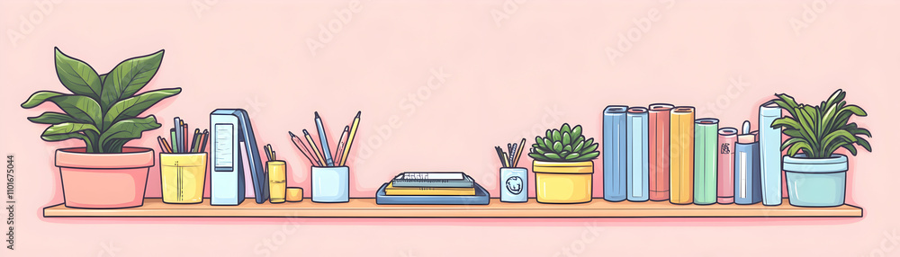 Shelf with plants, books, and stationery.