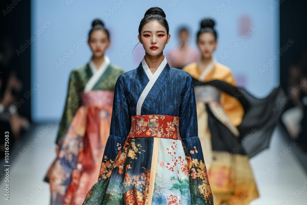 Runway models in colorful Hanbok. Runway models in colorful Hanbok.
