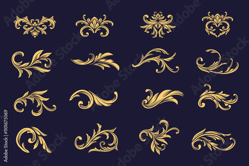  Set vector of Golden arabesque, flourish, damask ornaments. Fancy Victorian graphic element. Vintage Gold Baroque calligraphy decorative ornamental.