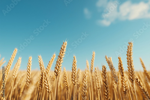 Responsible agriculture fosters organic growth. Golden wheat field swaying gently under clear blue sky