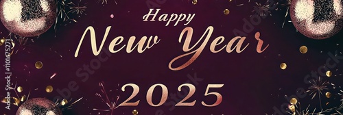 Maroon and Dark Chocolate New Year 2025 banner with rose gold accents, minimalistic party decor, 