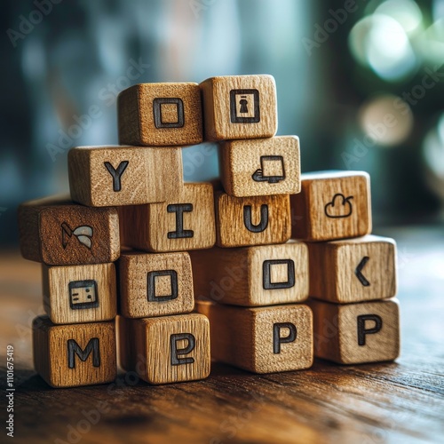 Wooden blocks spelling out cybersecurity ideas. photo