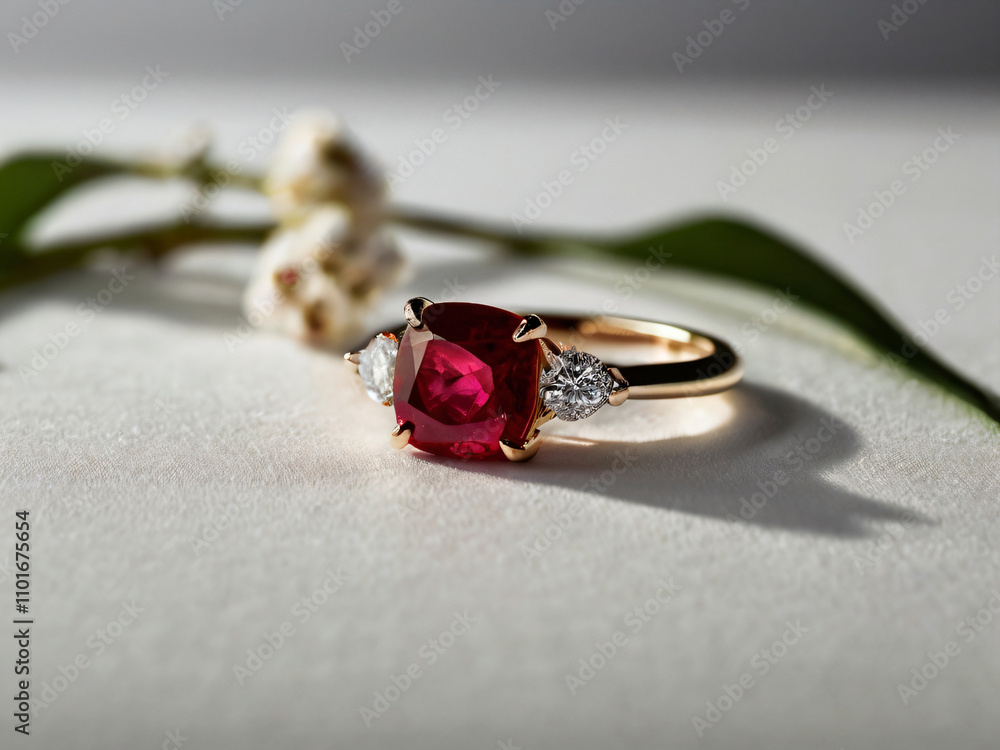A radiant red gemstone sits at the heart of this elegant gold ring. A radiant red gemstone sits at the heart of this elegant gold ring.