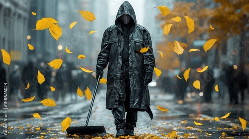 A street cleaner sweeping leaves in an early morning cityscape photo