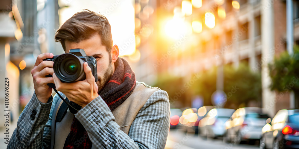 Photographer Adjusting Camera Settings Urban Street Human-Centered Technology Art Photographer Adjusting Camera Settings Urban Street Human-Centered Technology Art