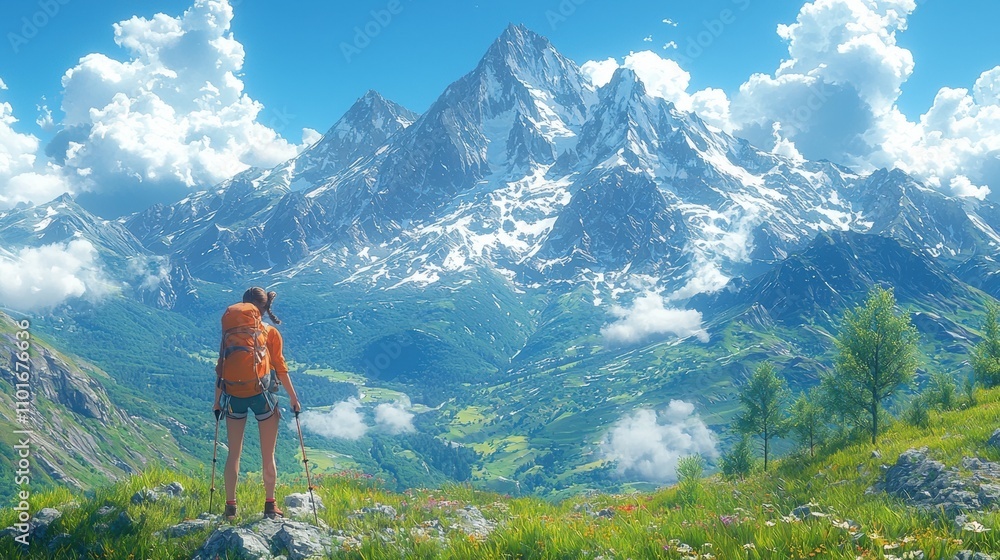 Naklejka premium Conquering the Peaks: A lone hiker stands on a rocky outcrop, gazing at a majestic mountain range under a vibrant blue sky. The image evokes a sense of adventure, freedom, and the beauty of nature. 
