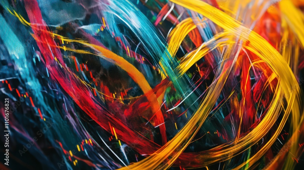 An abstract art representation of the stock market, with colorful graph lines weaving through a canvas, symbolizing volatility and trends in a creative form. An abstract art representation of the stock market, with colorful graph lines weaving through a canvas, symbolizing volatility and trends in a creative form.