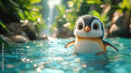 Adorable Penguin in a Tropical Stream  photo