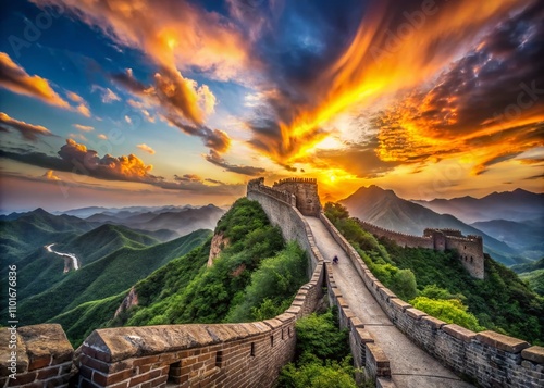 Dramatic Time Lapse of Distant Clouds Overlooking the Majestic Great Wall at Sunset, Capturing the Beauty of Nature and Historic Architecture in Perfect Harmony photo