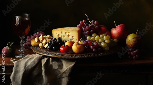 Still Life with Cheese Grapes Pears and Wine photo