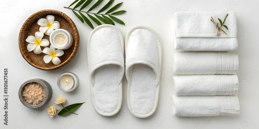 Minimalist Spa Setup with Slippers and Towels on Plain Background for Wellness Retreats Minimalist Spa Setup with Slippers and Towels on Plain Background for Wellness Retreats