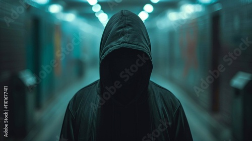 A shadowy figure with a hood stands at the end of a deserted corridor, creating a tense atmosphere