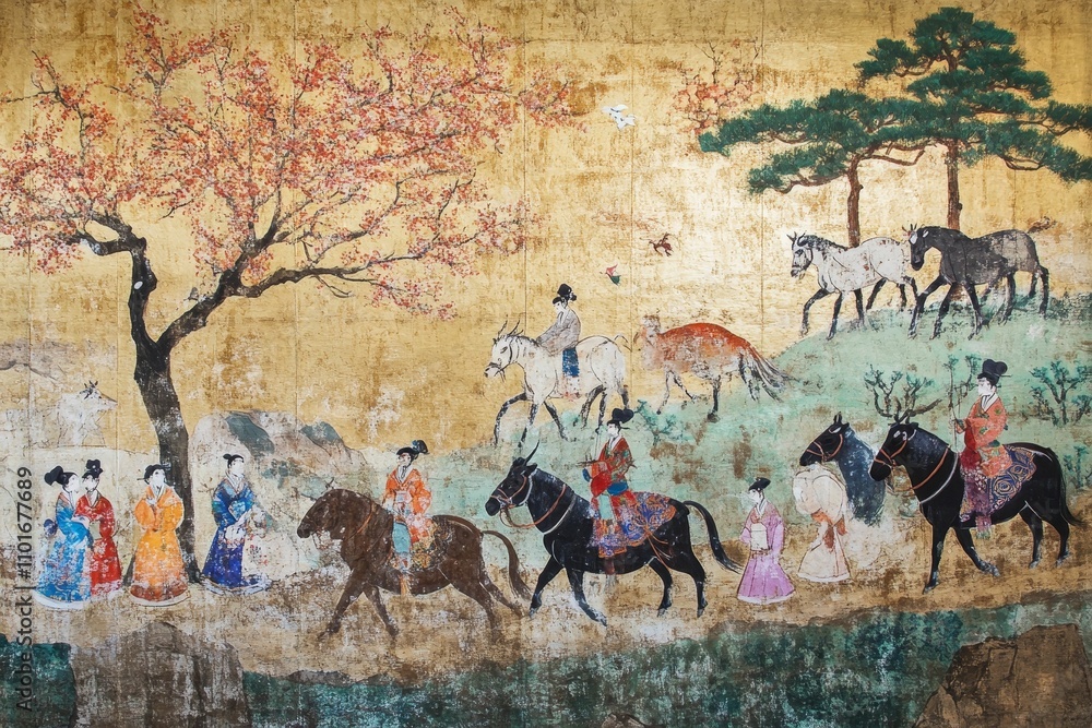 Naklejka premium Ancient Asian painting; people riding horses, gold background.