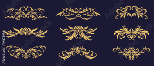 Set vintage gold baroque, Scroll, victorian, Flourish, filigree,  ornamental, symmetry design . Elegant Golden Damask element. Arabesque decoration classical vector illustration.