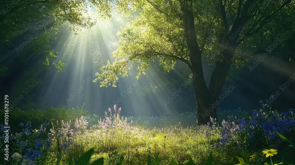 Obraz premium Luminous beams of sunlight filter through lush green trees in a serene woodland, illuminating vibrant wildflowers in a peaceful morning scene.