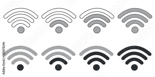 Set of Wi-Fi signal strength icons in grayscale from weak to strong, isolated on a white background.