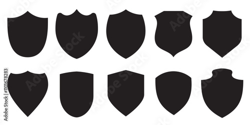Collection of black shield icons in different shapes isolated on a white background.