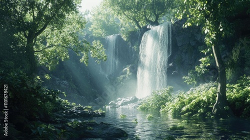 Serene waterfall gently cascading through a dense, vibrant forest illuminated by soft sunlight, creating a tranquil natural oasis.