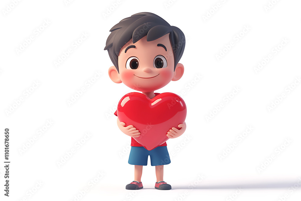 A cheerful boy holds a large red heart, symbolizing love and friendship. A cheerful boy holds a large red heart, symbolizing love and friendship.