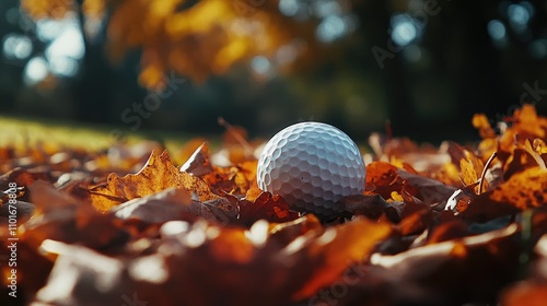 Fototapeta Naklejka Na Ścianę i Meble -  Golf ball nestled in vibrant autumn leaves with a blurred natural background highlighting the warm tones of fall foliage.