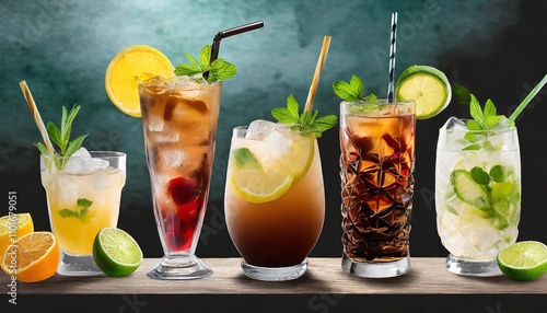 A vibrant collection of summer cocktails, lemonade, and iced coffee presented on a transparent background, perfect for creative projects, menus, or designs celebrating refreshing beverages