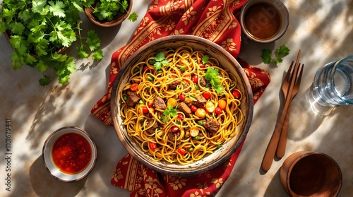 Kovurma Lag’mon with hand-pulled noodles, tender beef, and vibrant vegetables (Uzbekistan Cuisine) photo