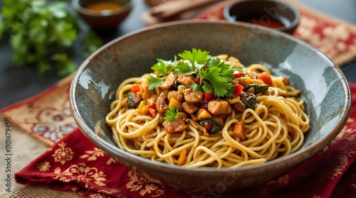 Kovurma Lag’mon noodles with sautéed vegetables and spiced beef (Uzbekistan Cuisine)