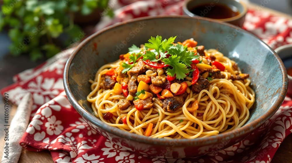 Uyghur Lag’mon noodles with stir-fried vegetables and spicy beef (Uzbekistan Cuisine) Uyghur Lag’mon noodles with stir-fried vegetables and spicy beef (Uzbekistan Cuisine)