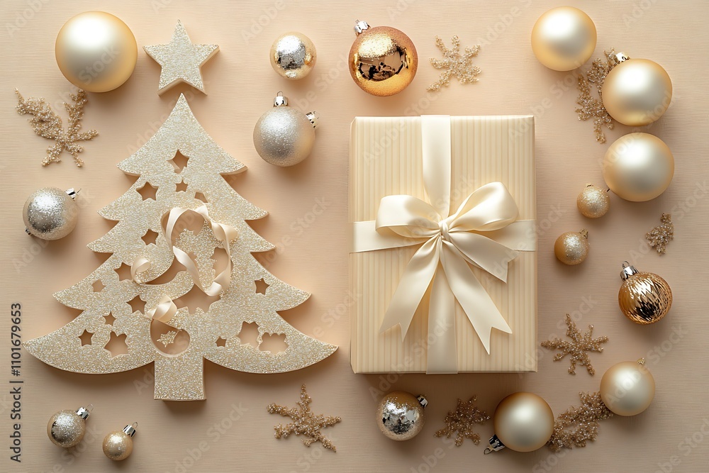 Luxurious Christmas gift wrapped in gold ribbon surrounded by golden ornaments and confetti, featuring a tree silhouette. Perfect for festive celebrations and holiday elegance Luxurious Christmas gift wrapped in gold ribbon surrounded by golden ornaments and confetti, featuring a tree silhouette. Perfect for festive celebrations and holiday elegance