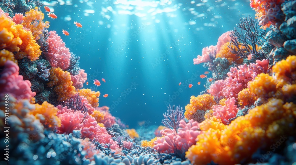 Fototapeta premium Vibrant Coral Reef Underwater Paradise: Sunbeams illuminate a breathtaking underwater scene teeming with life, showcasing a vibrant coral reef in a kaleidoscope of colors. 