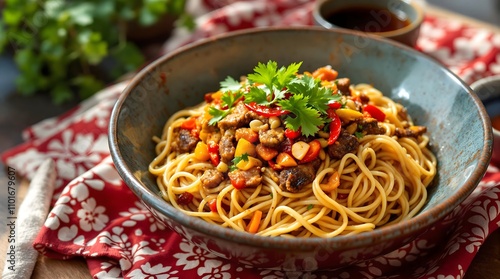 Uyghur Lag’mon noodles with stir-fried vegetables and spicy beef (Uzbekistan Cuisine)