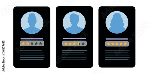 Set of three profile cards with user silhouettes, star ratings, and descriptive text on dark backgrounds.