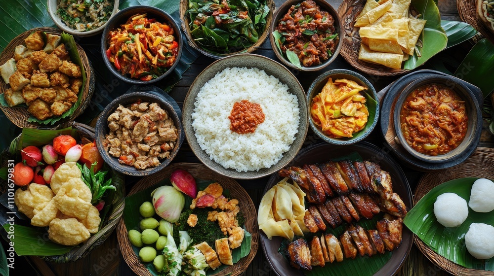 Bird's eye view of assorted gourmet dishes featuring vibrant ingredients, rice, grilled meats, and a colorful array of sides served on banana leaves. Bird's eye view of assorted gourmet dishes featuring vibrant ingredients, rice, grilled meats, and a colorful array of sides served on banana leaves.